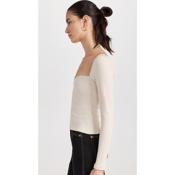 Reformation October Sweetheart Neck Long Sleeve Ribbed Knit Top Bone Cream XL - Picture 2 of 14